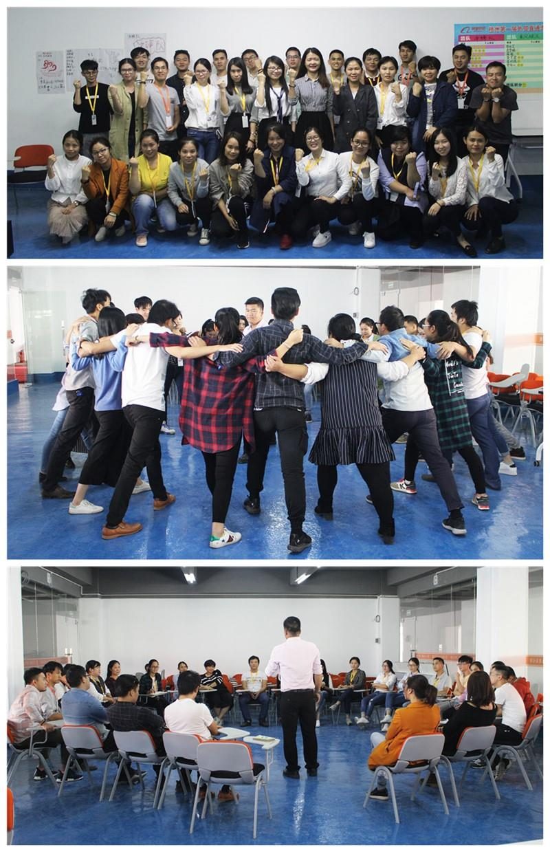 The company's own About Us collage: staff group photographs in the office and at an exhibition