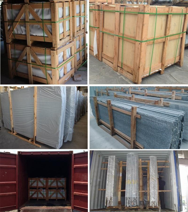 The company's own service collage: slab bundles in the yard, a worker beside standing slabs, crates and a container being loaded