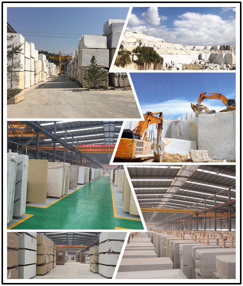 The company's own collage: a block yard with a gantry crane, the open white marble quarry, an excavator at the quarry face, slab bundles on a green floor, the engineered stone hall and stacked slabs
